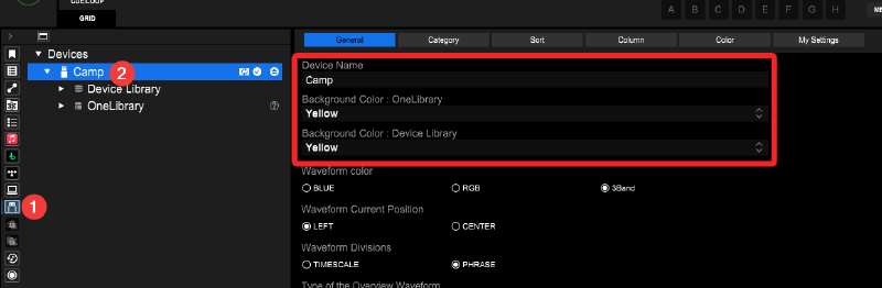 Screenshot of Rekordbox&rsquo; device (USB key) view showing how I accessed it and that I named my USB &ldquo;Camp&rdquo; and I set its colour for both library types as &ldquo;yellow&rdquo;